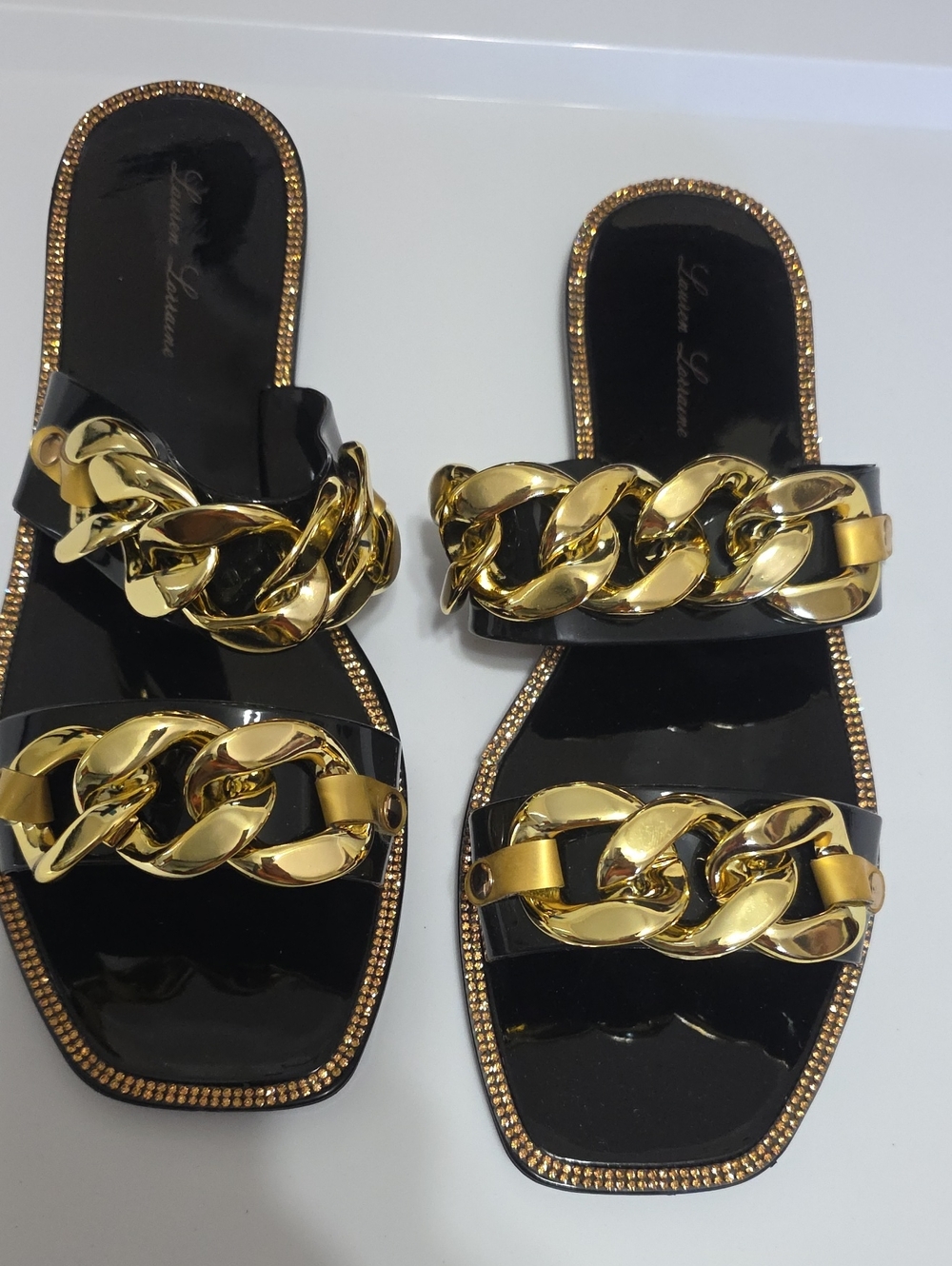 Lauren Lorraine Black Patent Slide Sandals with Gold Chain Links